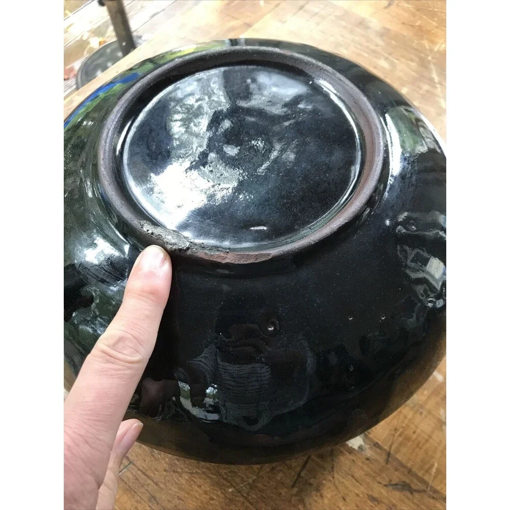 Large Pottery Stoneware Blue Glaze Unsigned With Lid & Handles Cottagecore